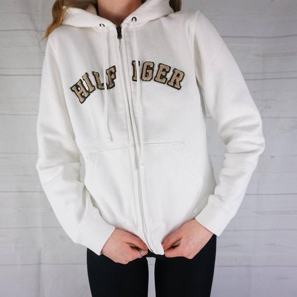 🍓2009WHITE TOMMY HILFIGER ZIP UP HOODIE WITH BROWN JUMBO GRAPHIC🍓 - Picture 2 of 4